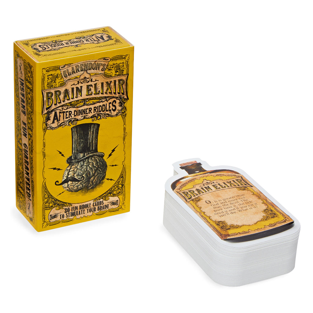 Yellow box and card holder with 'Brain Elixir' design on a white background