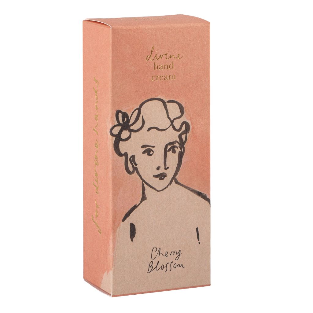 Box of cherry blossom hand cream with a vintage-style illustration on a white background