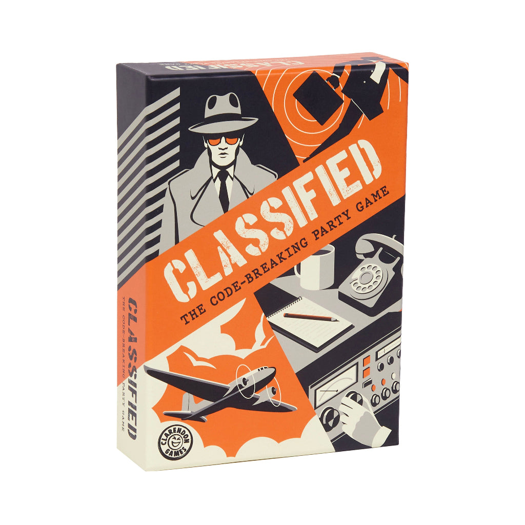 Box of 'Classified' code-breaking party game with spy-themed illustration.