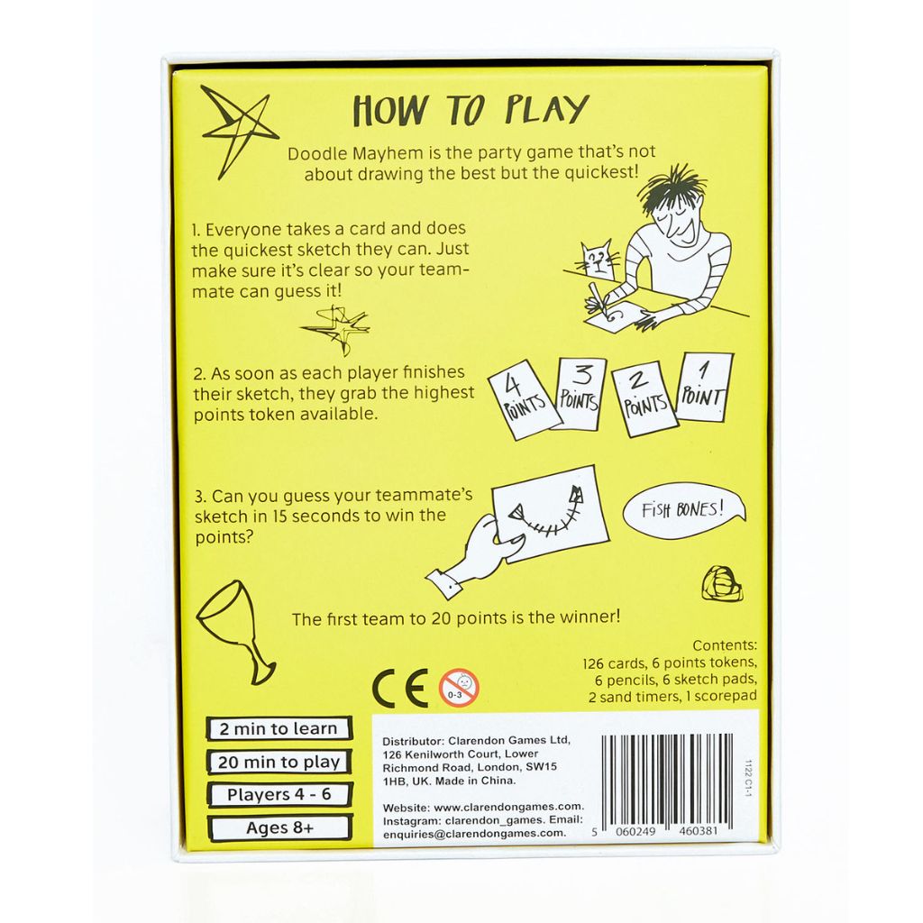 Game instructions for 'Doodle Mayhem' on a yellow background