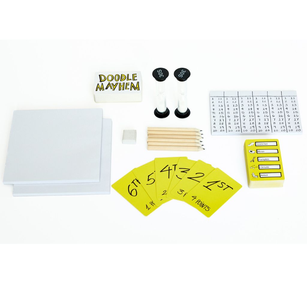 Game components including cards and a scoring sheet on a white background