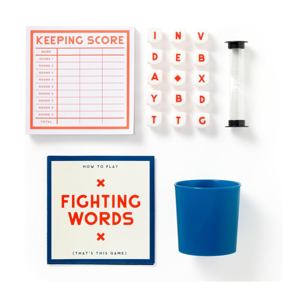 Game components including a scoring sheet, letter tiles, a blue cup, and a rule card on a white background.