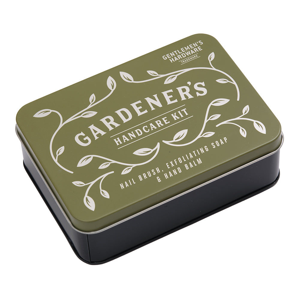Gardener's handcare kit box with green lid and black base on a white background