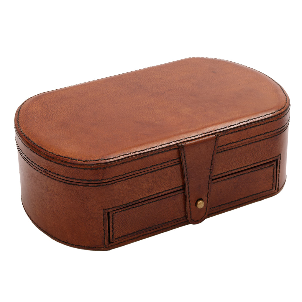 Brown leather jewellery box on a white background
