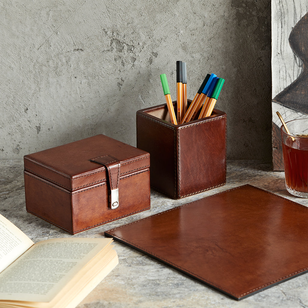 Small leather desk set with stud keepsake box, desk mat & square pen pot