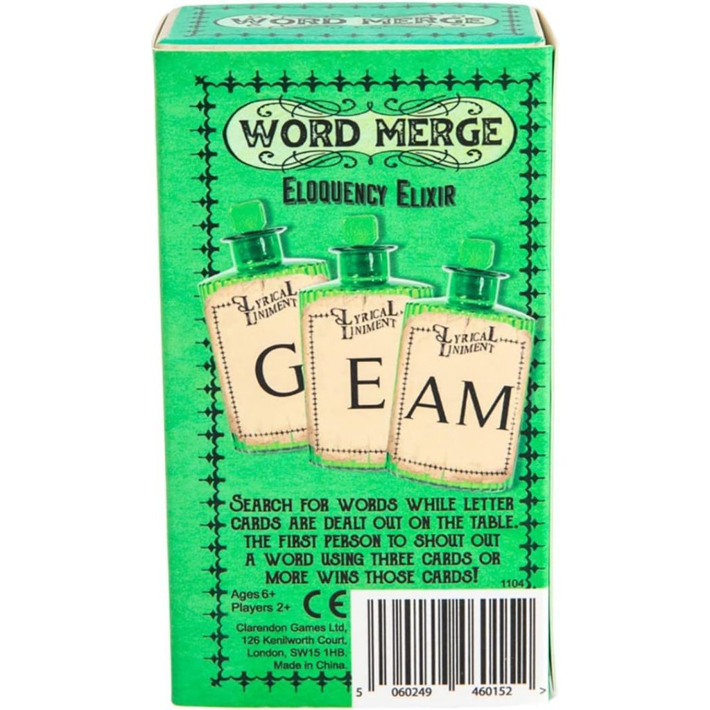 Green box of 'Word Merge' game with text and card images on a white background