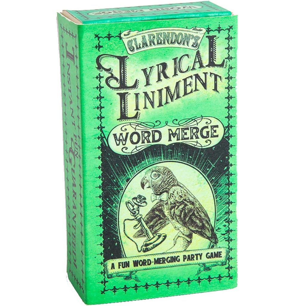 Green box of Clarendon's Lyrical Liniment Word Merge game with parrot illustration.