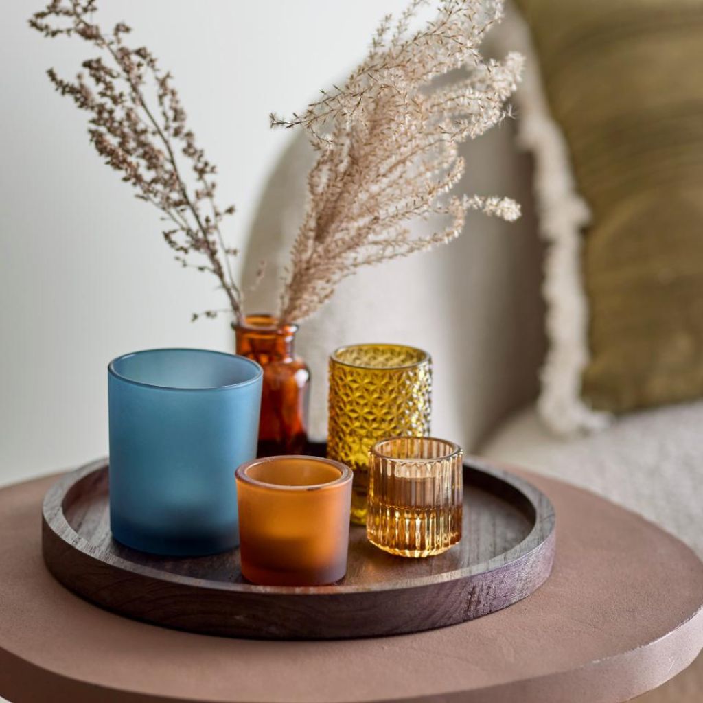 Set of Votives & Vases on Wooden Tray