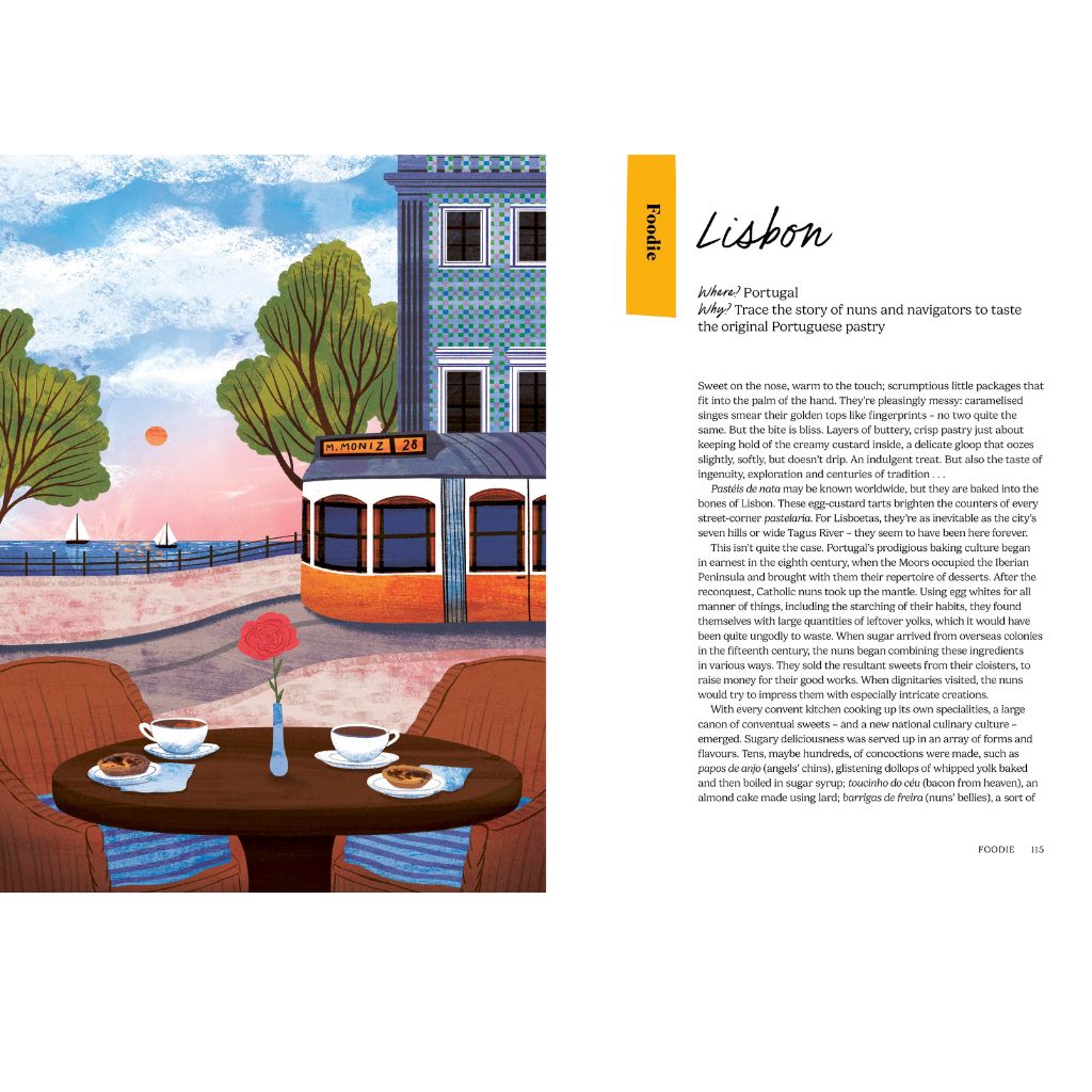 Illustration of a street scene with a table, chairs, and buildings in Lisbon, Portugal.