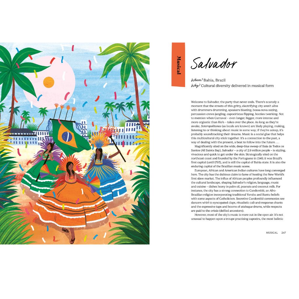 Illustration of two dancers in colourful costumes with a cityscape and palm trees in the background, labeled 'Salvador, Baháña, Brazil'.