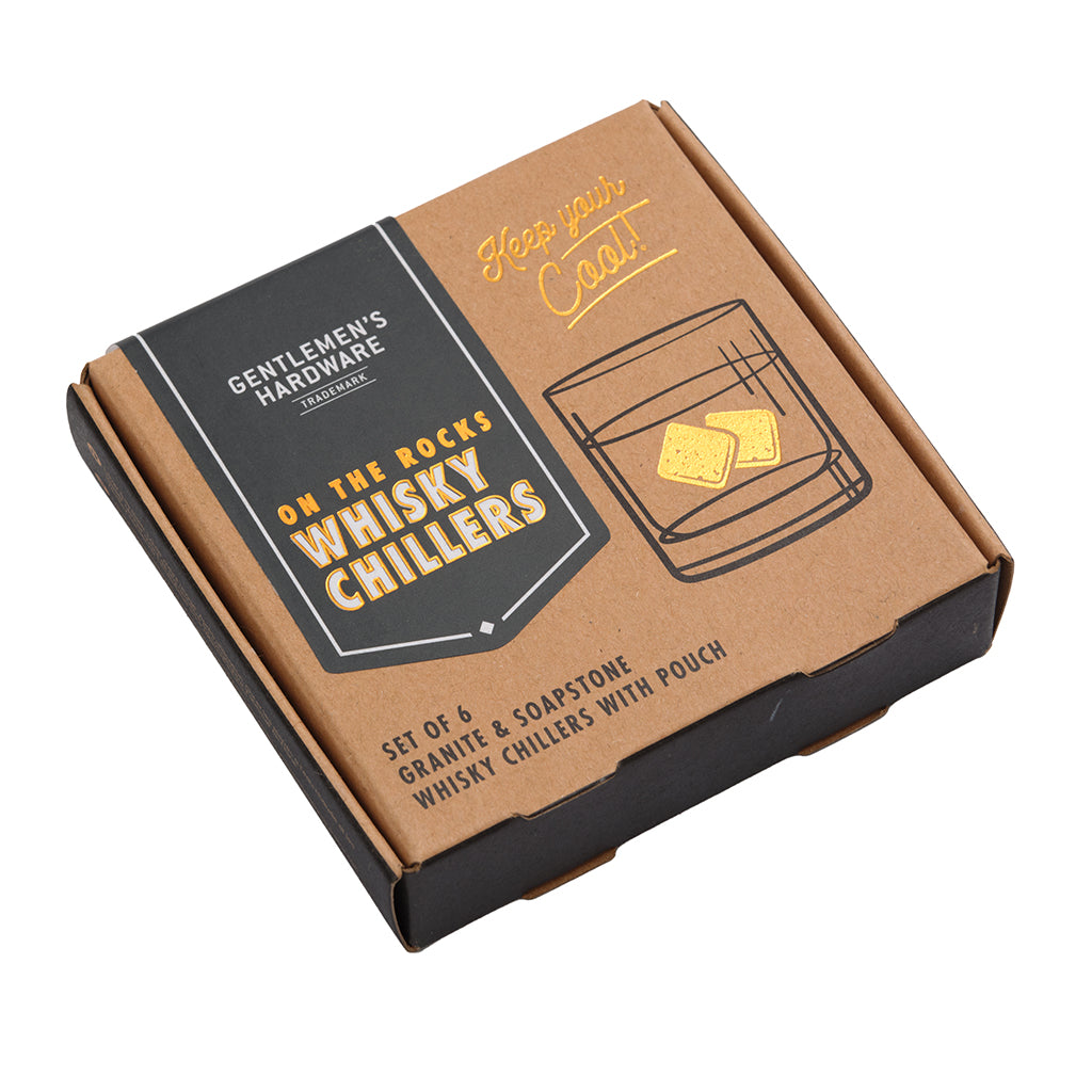 Box of Gentlemen's Hardware whisky chillers with branding and product description.