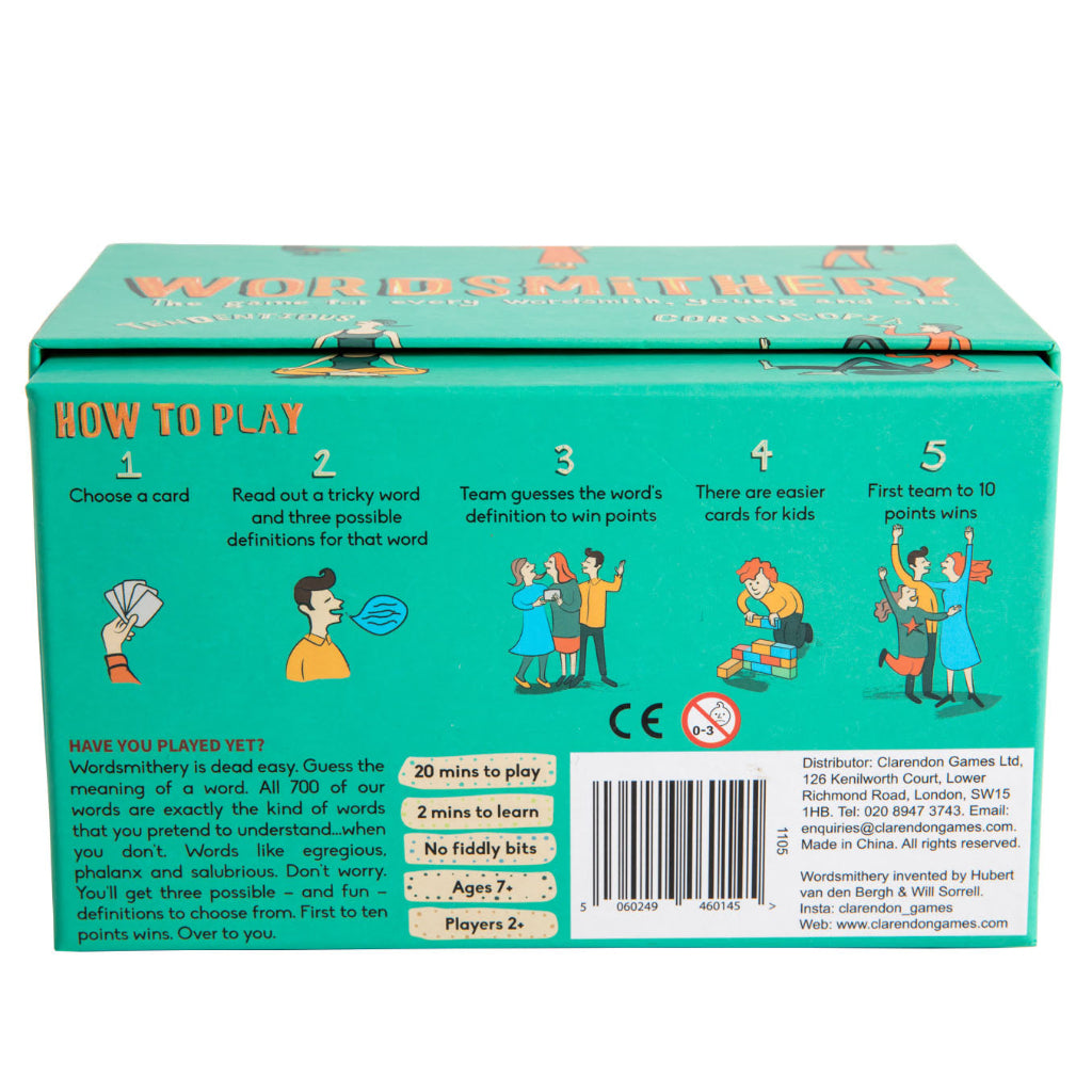 Back of a board game box titled 'Wordsmithery' with illustrations and text.