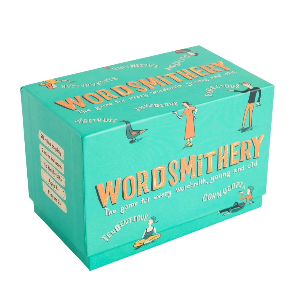 Teal box of 'Wordsmithery' game with colourful text and illustrations on a white background