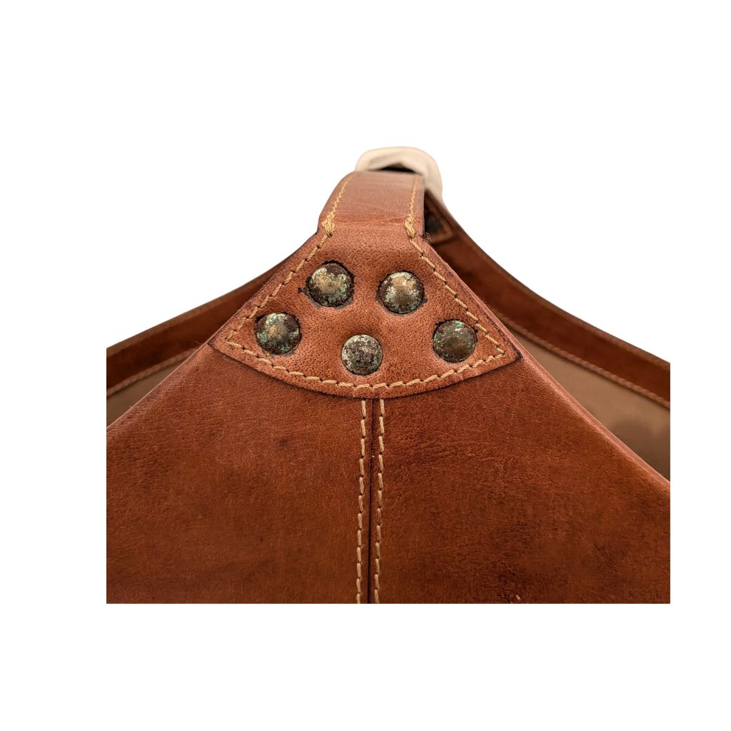 Close up of discoloration to rivets of buckled magazine basket