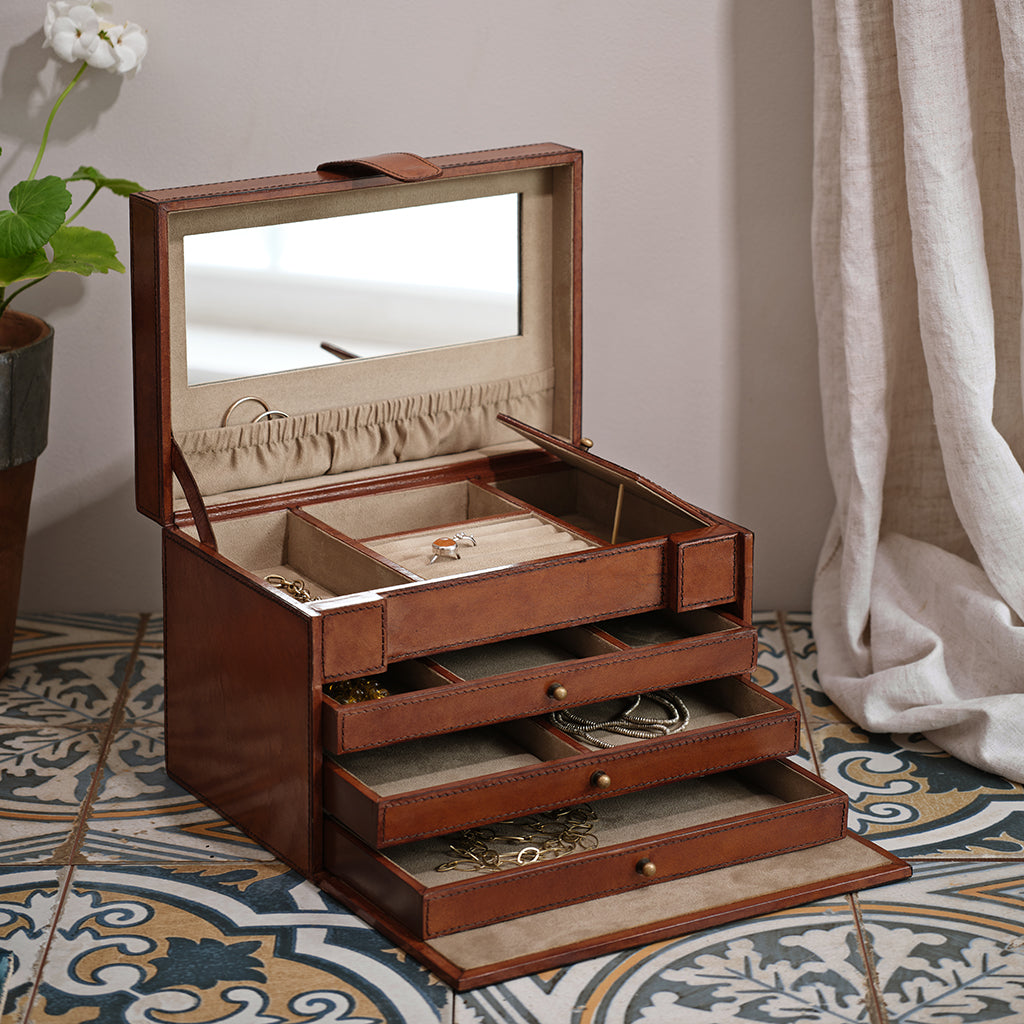 leather jewellery case with internal mirror and drawers shown open