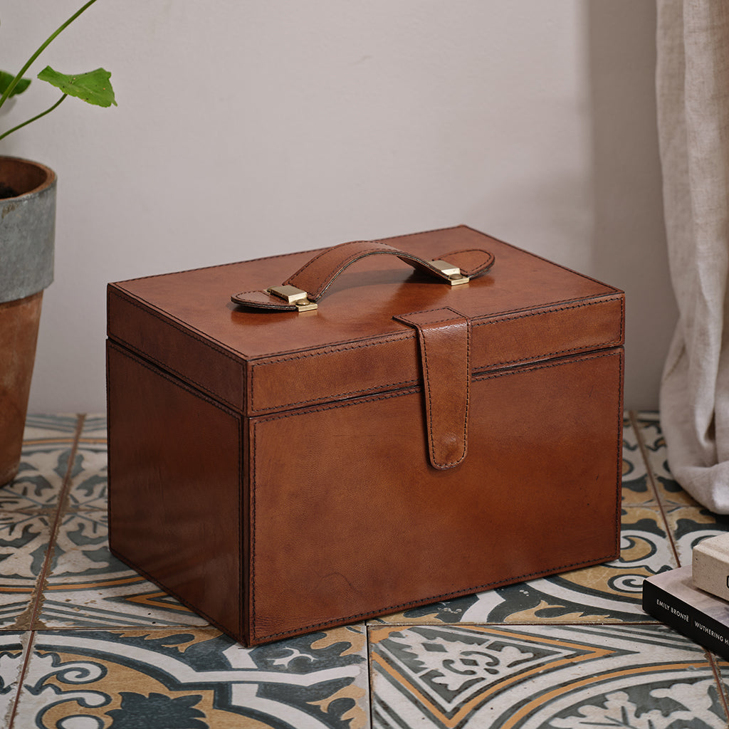 leather jewellery case shown closed