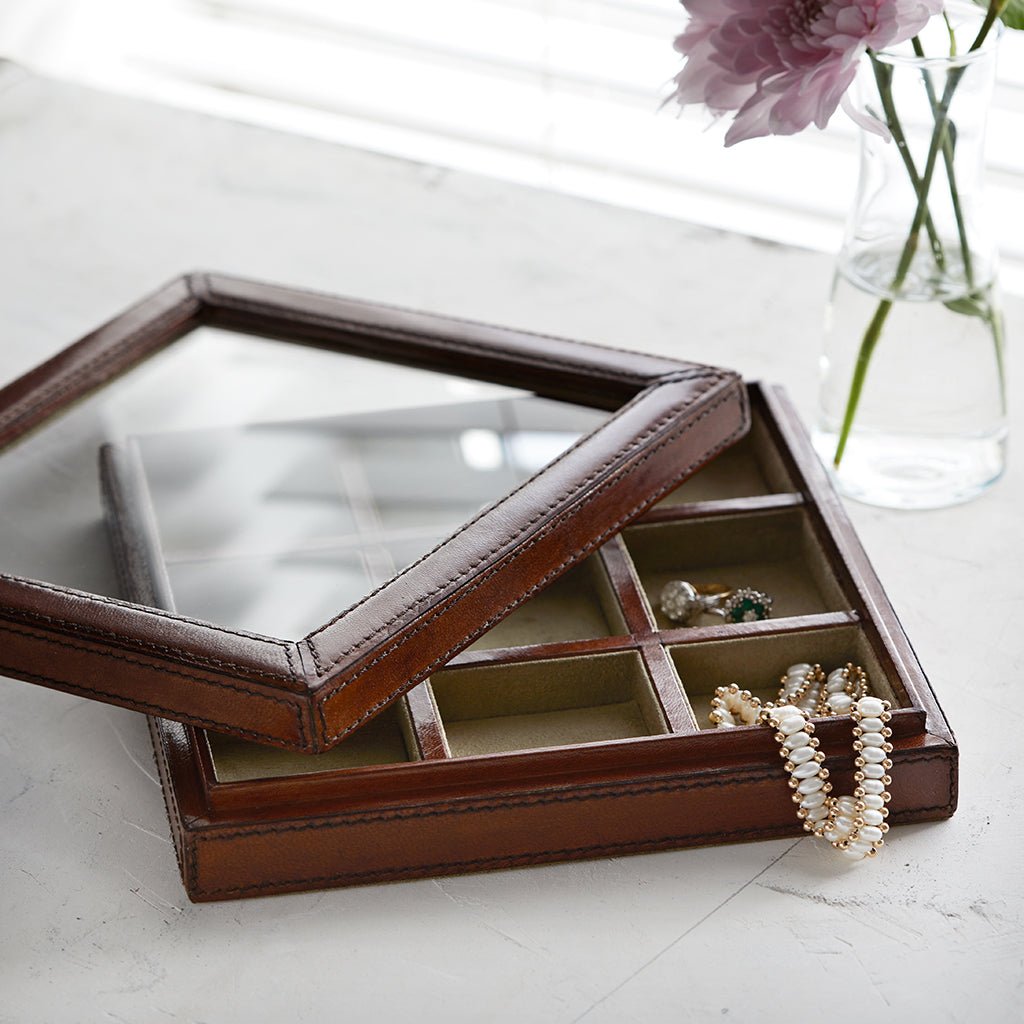 Leather Trinket Organiser With Glass Lid - Life of Riley