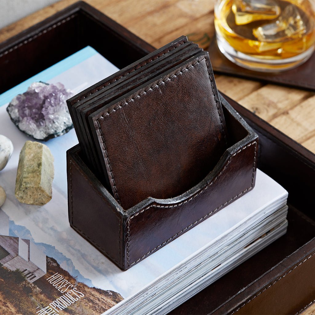 Seconds Leather Square Coasters and Holder - Dark Brown