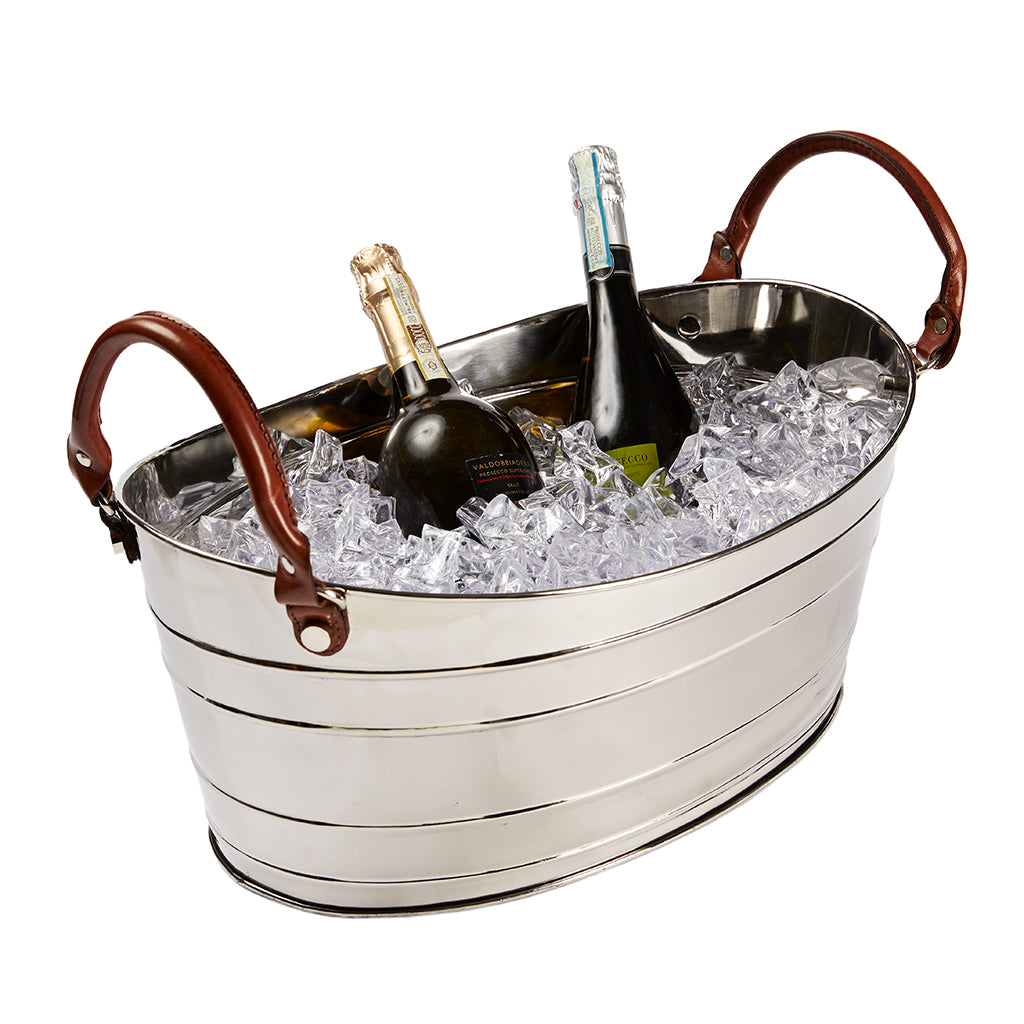 Leather handled large champagne bath with ice and two bottles 