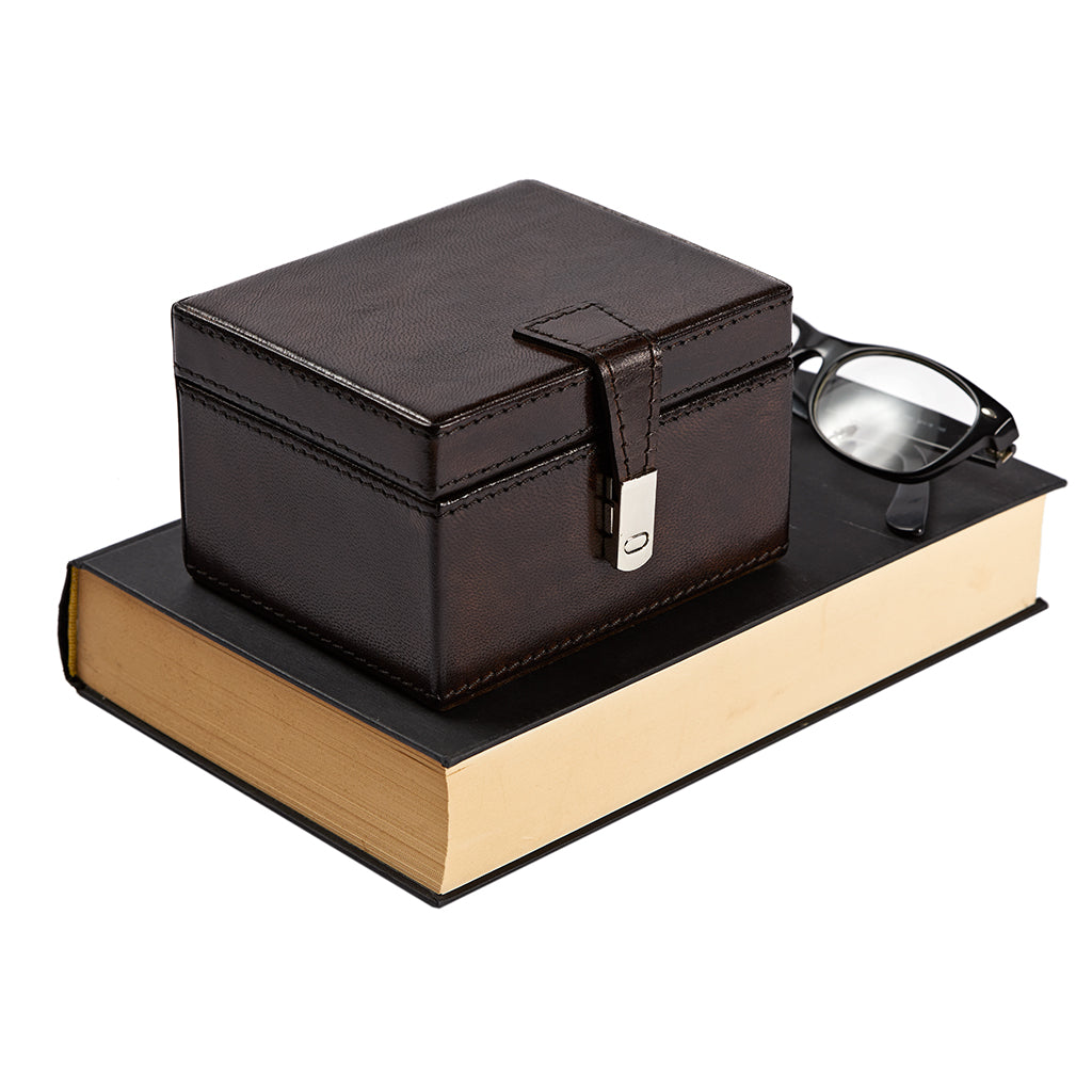 Leather stud keepsake box in dark chcolcate brown closed.