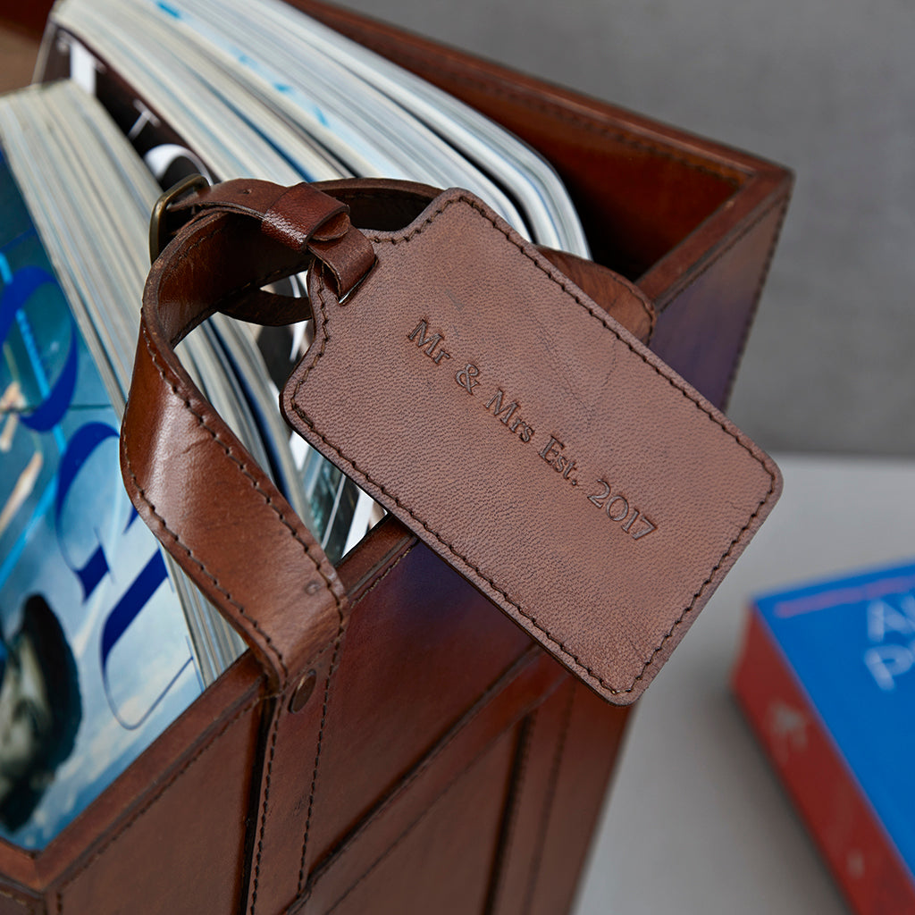 Close up of personalisation on a leather luggage tag