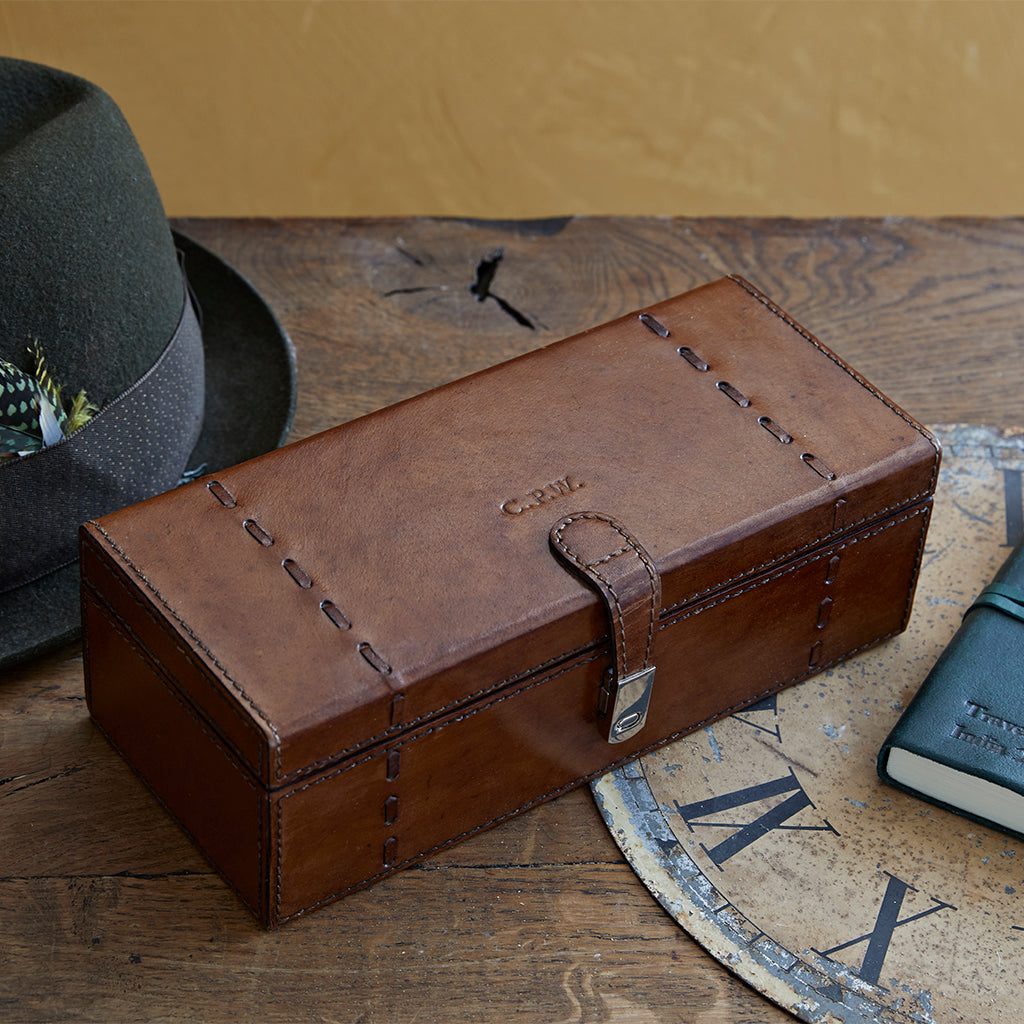 Leather watch box for three with personalisation showing on the lid