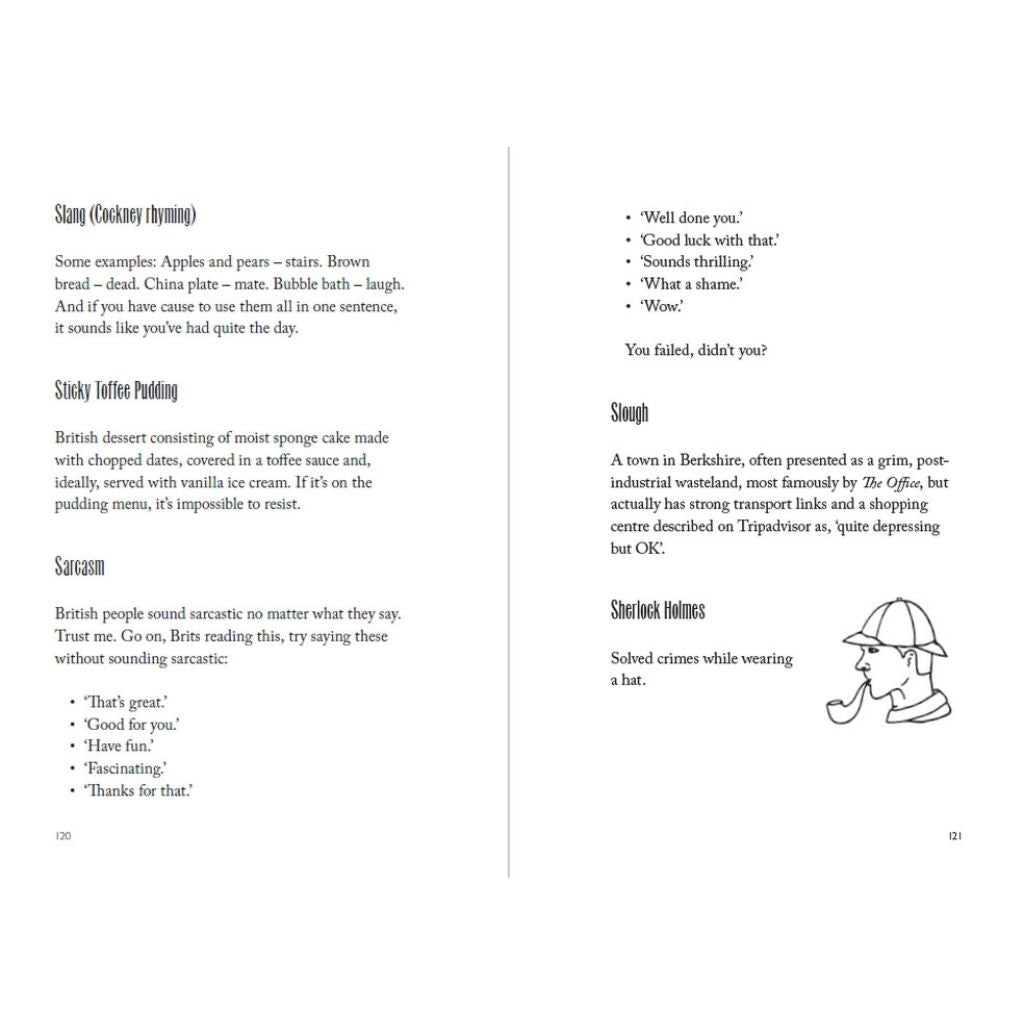 Page from a book with text and a cartoon illustration of Sherlock Holmes on a white background