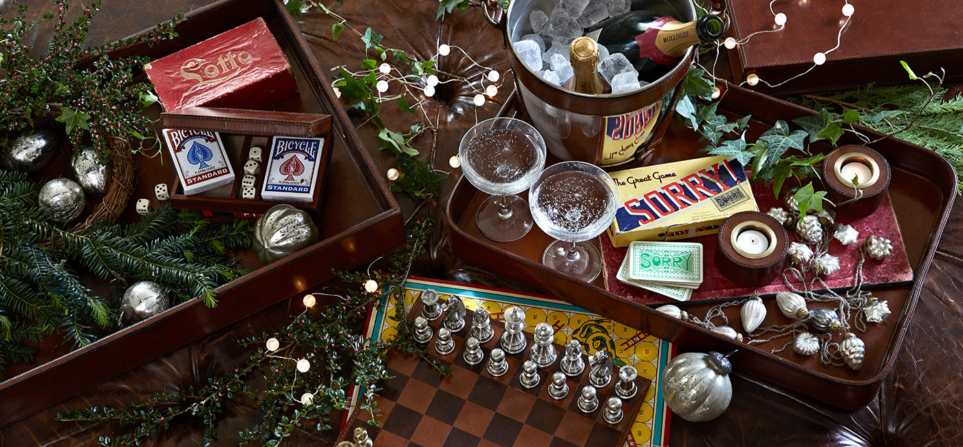 Christmas games including leather chess  and home decor including leather trays