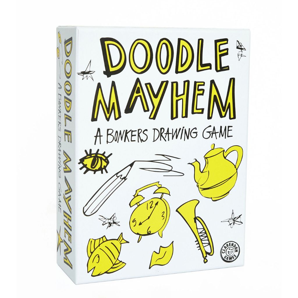Box of 'Doodle Mayhem' game with yellow illustrations on a white background