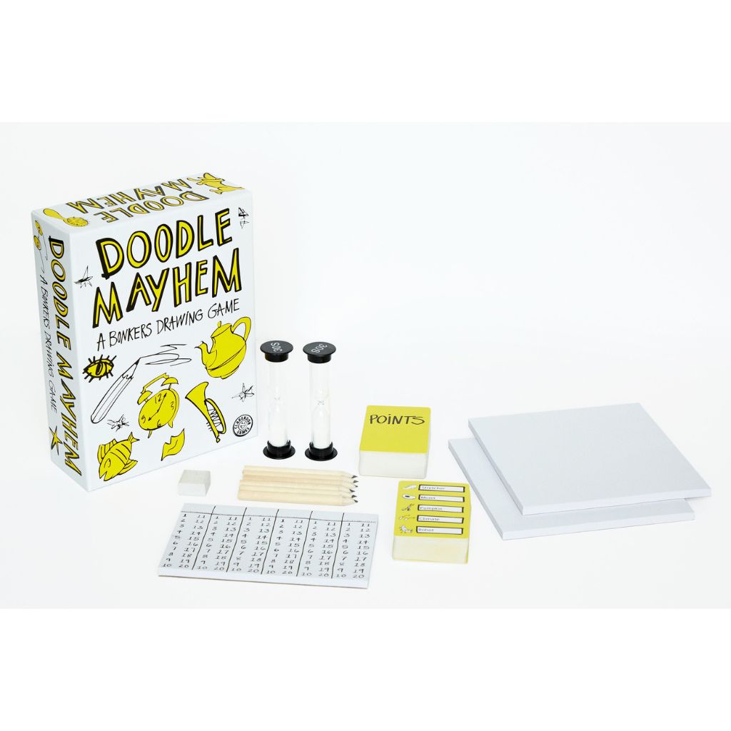 Doodle Mayhem game set with components on a white background