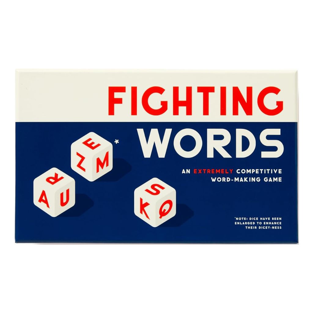 Game box for 'Fighting Words' with dice and text on a blue and white background