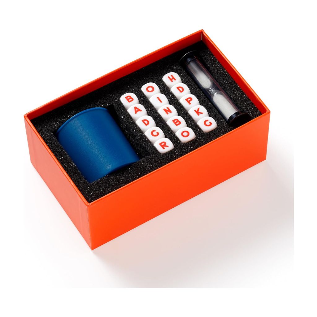 Orange box with a blue cup, white letters, and a small bottle on a white background
