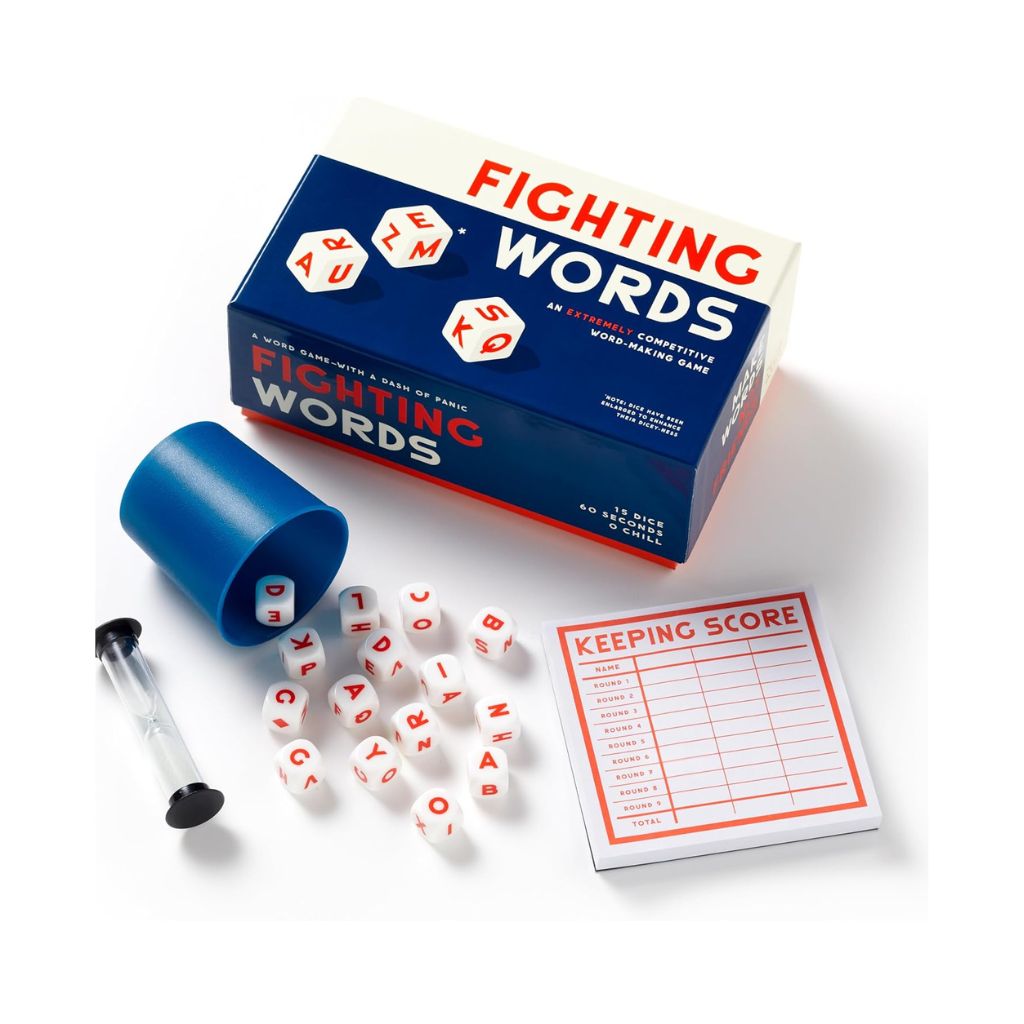 Fighting Words game set with dice, scoring sheet, and packaging on a white background