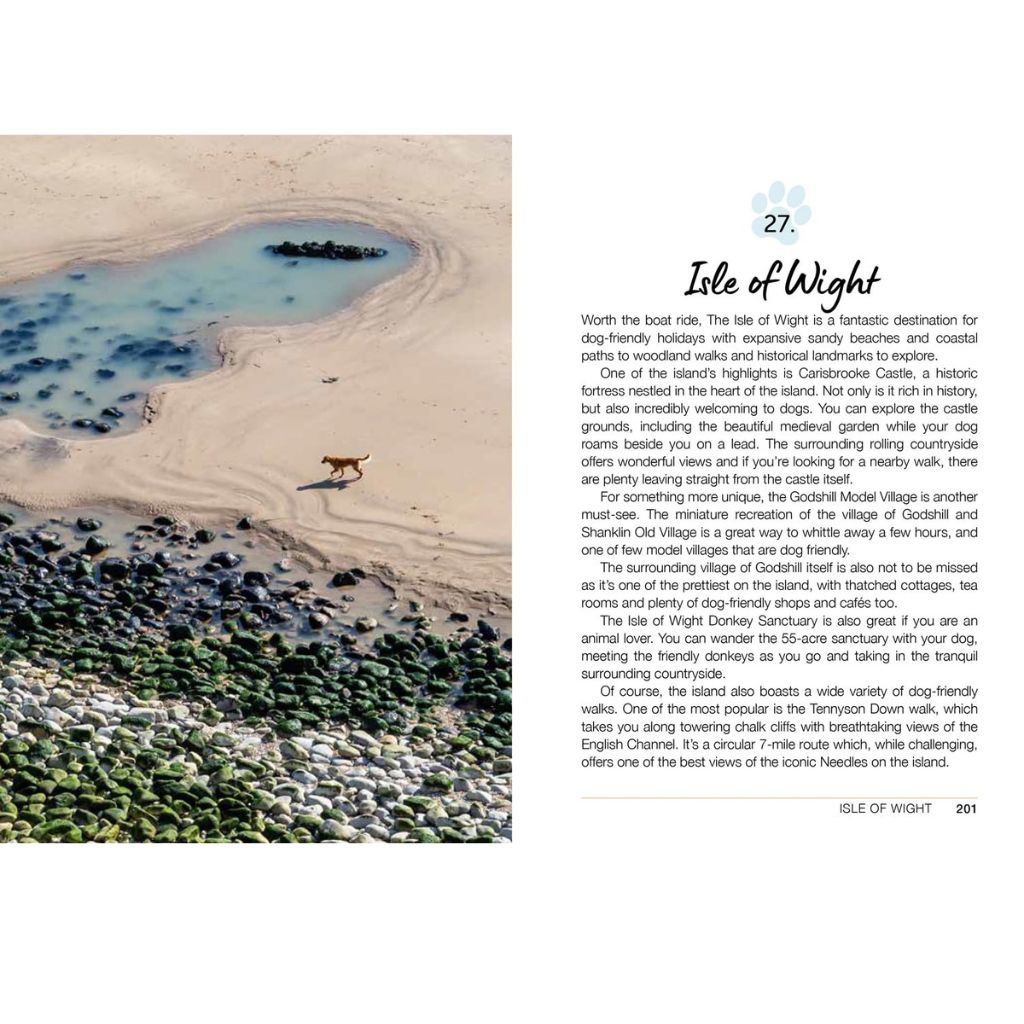 Dog walking on a beach with text about the Isle of Wight.