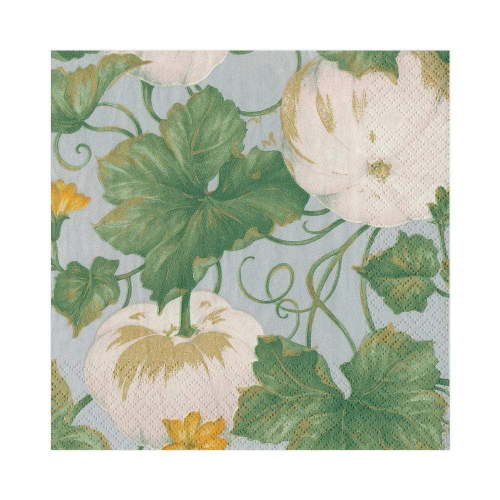 heirloom pumpkins paper napkins, white pumpkins with green leaves on a grey background