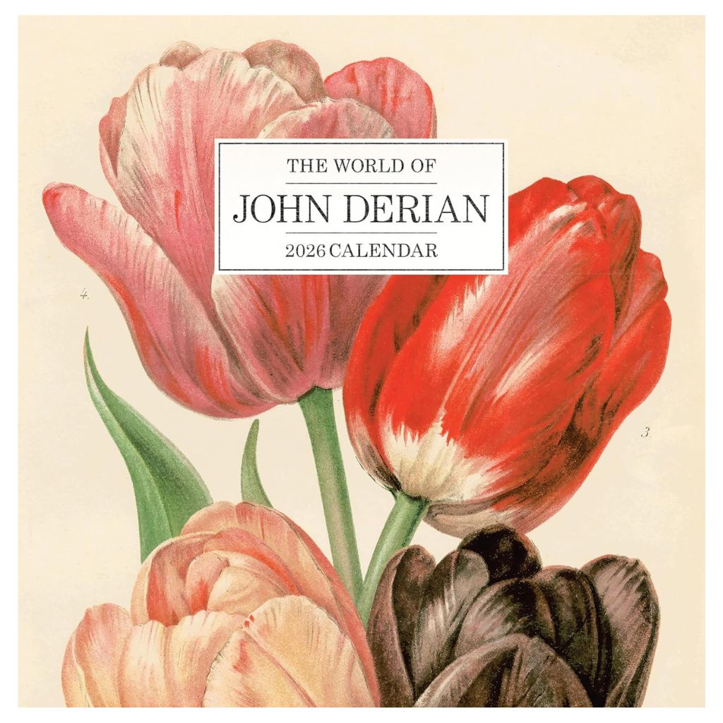 Calendar cover with pink, red, and peach tulips and 'The World of John Derian' branding.