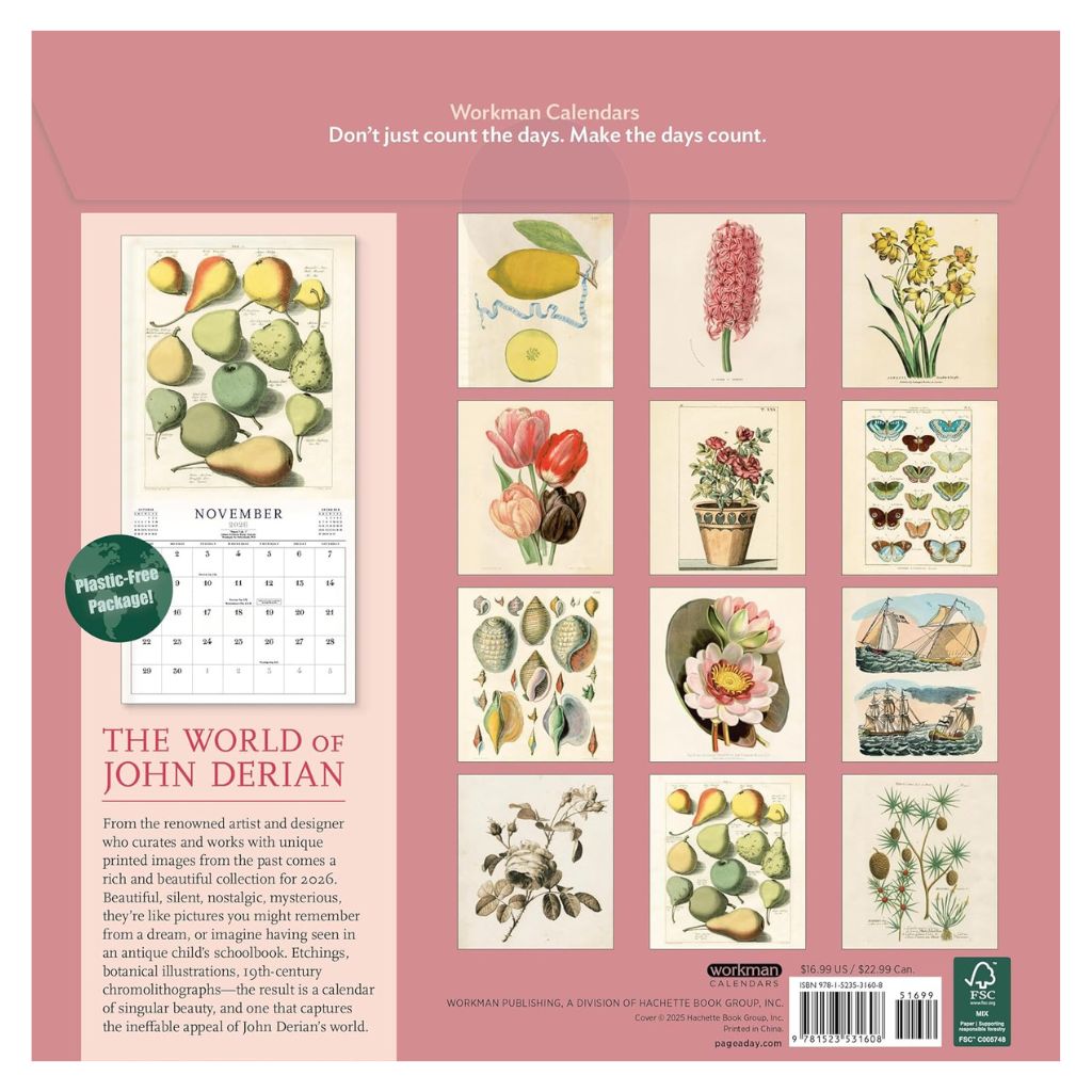 Calendar with vintage-style illustrations on a pink background, featuring Workman Calendars branding.