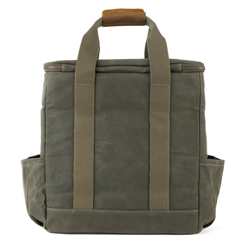 Green tote bag with brown handles on a white background