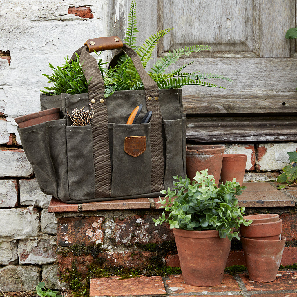 Waxed canvas gardening bag in khaki with gardeing tools perfect gift for a gardener