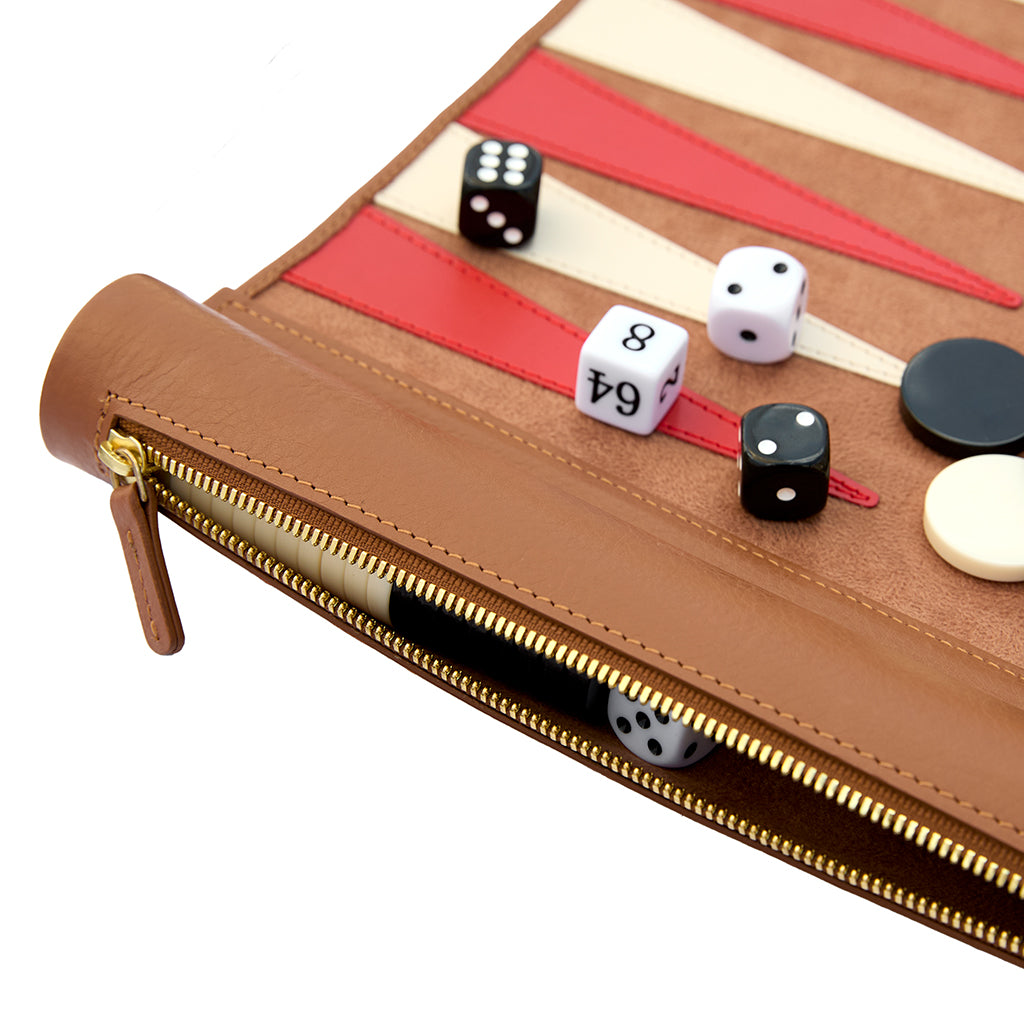 A brown leather backgammon set with a zippered storage case, shown open on a white background. The game board has red and cream checkered points.