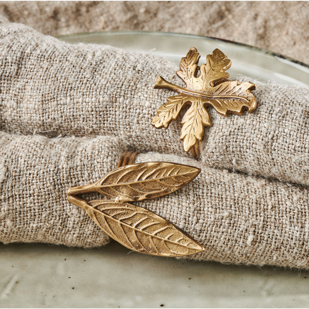 leaf brass napkin ring close up