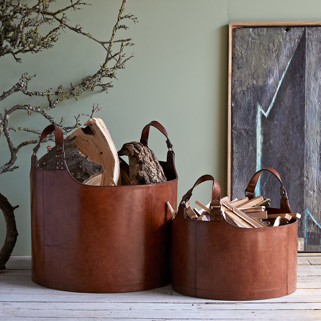 Leather Log Basket with kindling basket