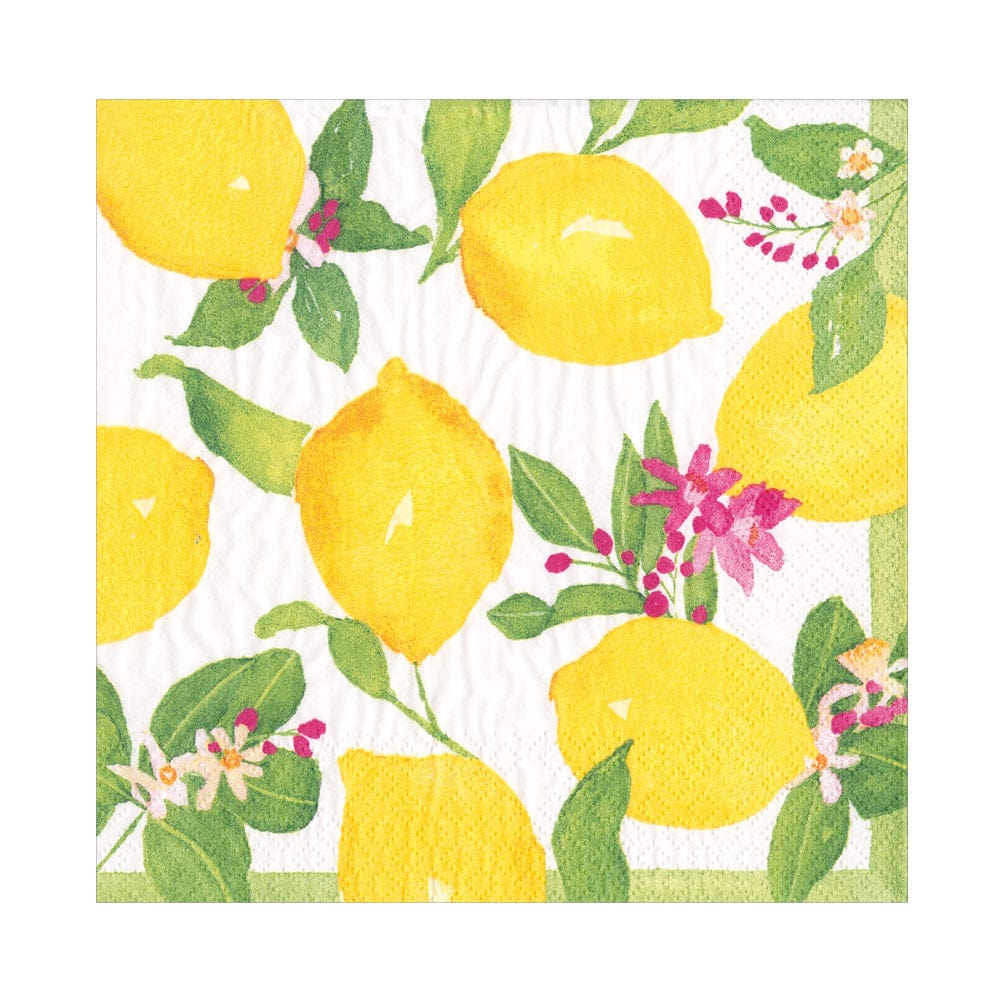 Limoncello paper napkins featuring lemons and delicate pink flowers on white background