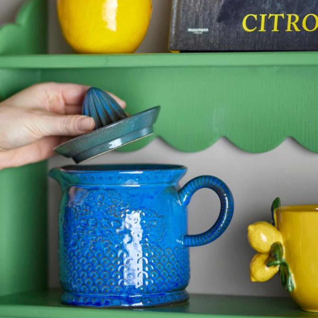 Blue textured juicer with a green shelf and yellow container in the background