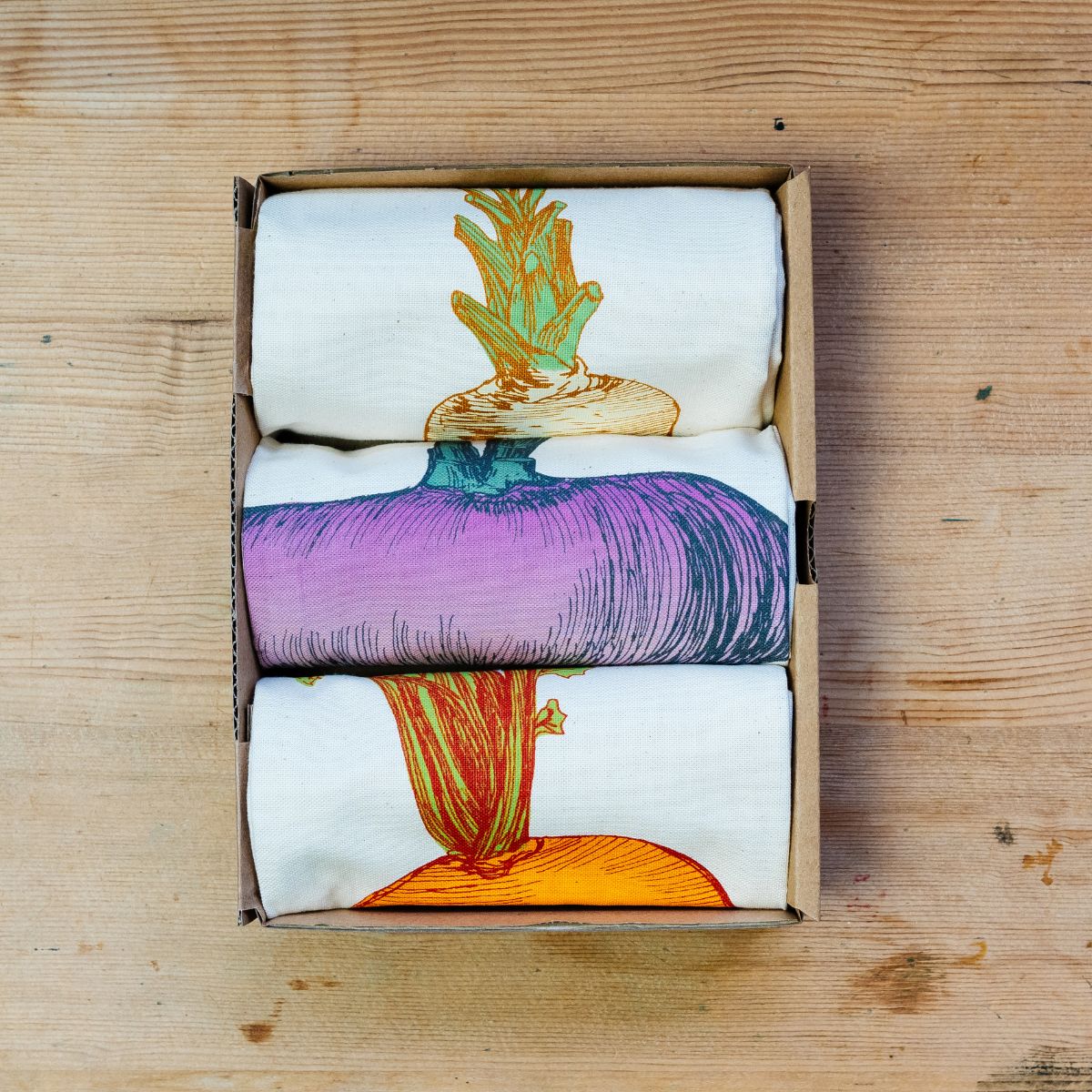 Three mixed vegetable design cotton tea towels in gift box