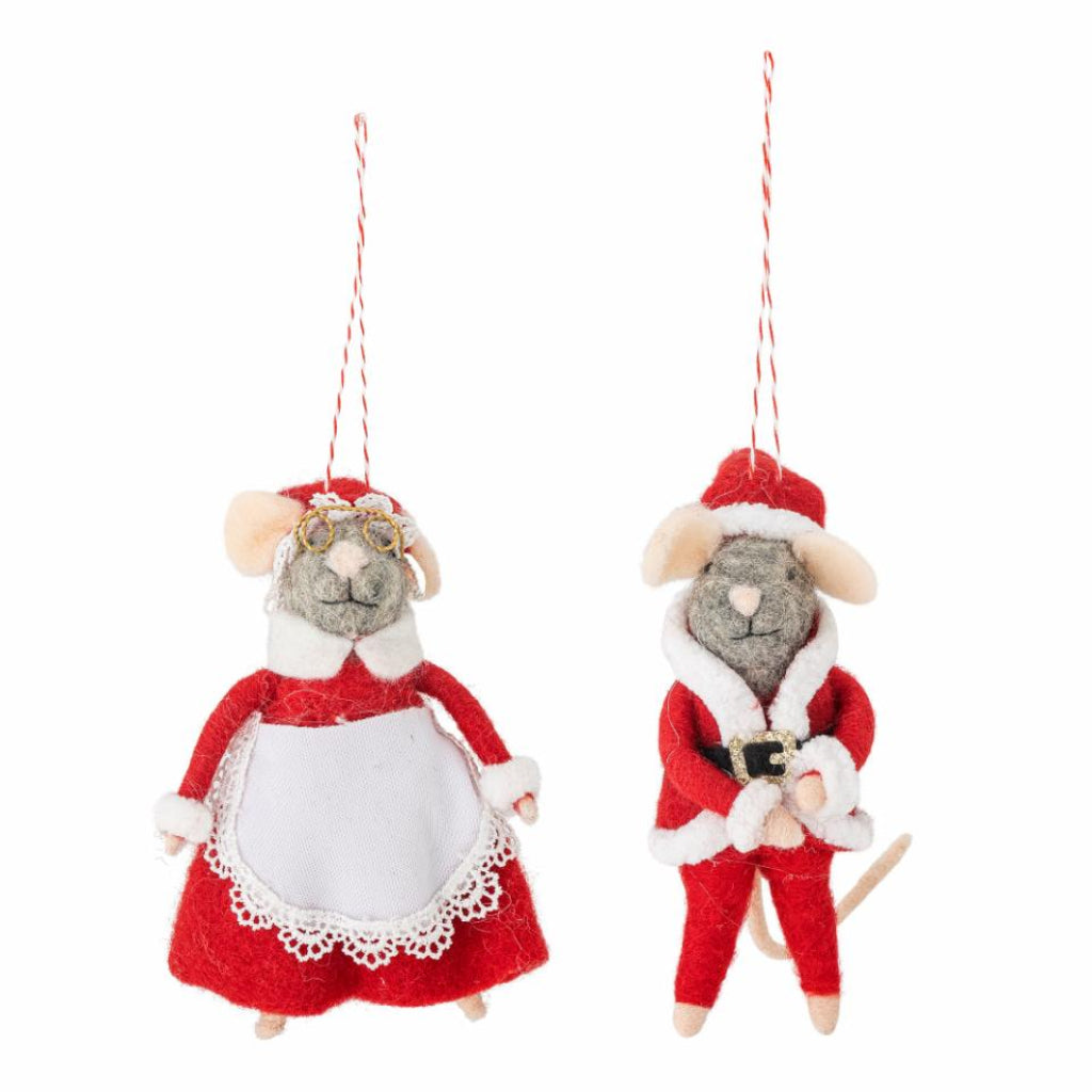 Two Christmas-themed mouse ornaments, one in a red dress and the other in a red suit, on a white background.