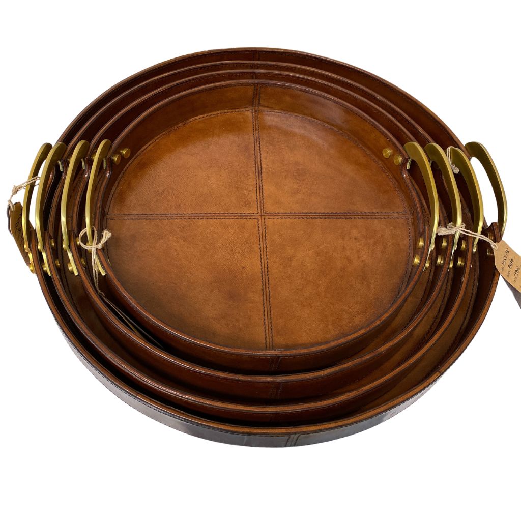 Sample Set of Four Leather Round Serving Trays with Brass Handle Tan