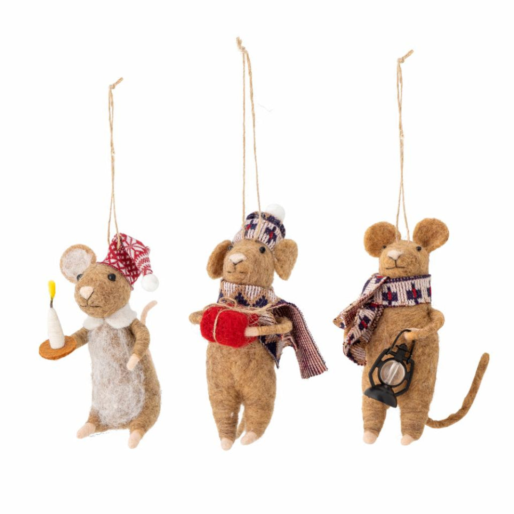 Three decorative mouse ornaments with winter accessories on a white background
