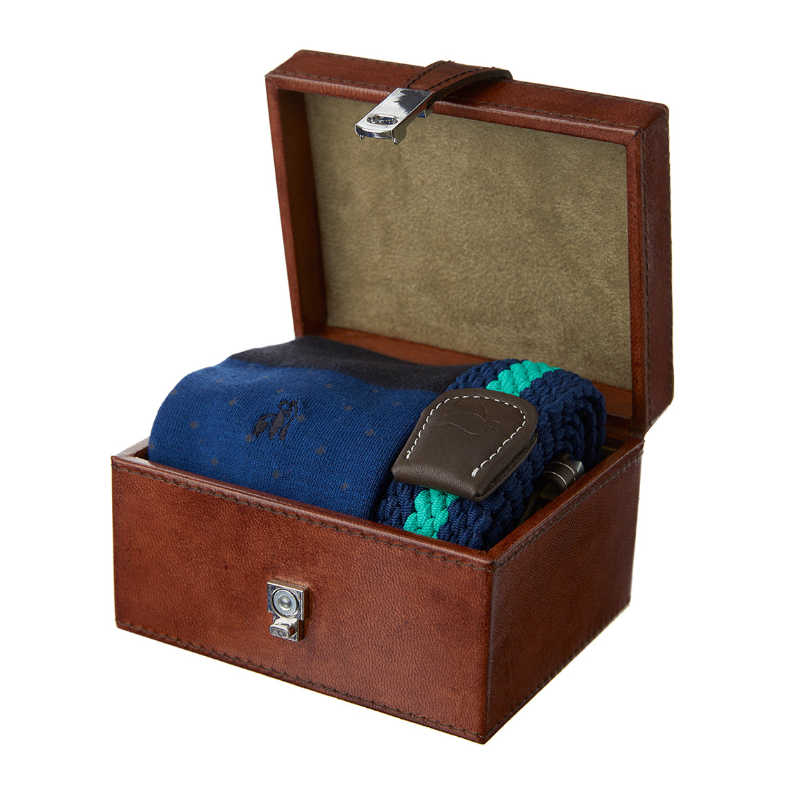 Socks & Belt in a box spotted navy with blue and green stripe belt