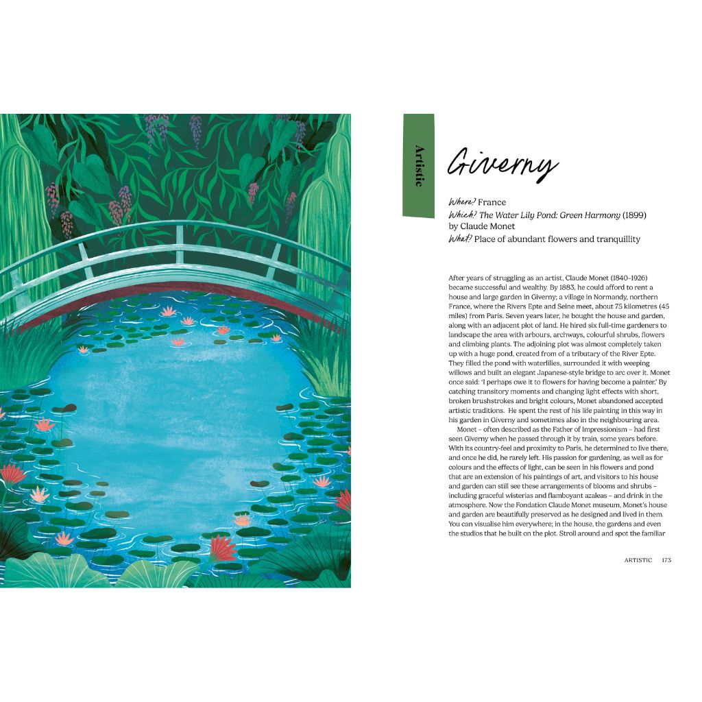Illustration of a pond with lily pads and a bridge, surrounded by lush greenery, on a white background.